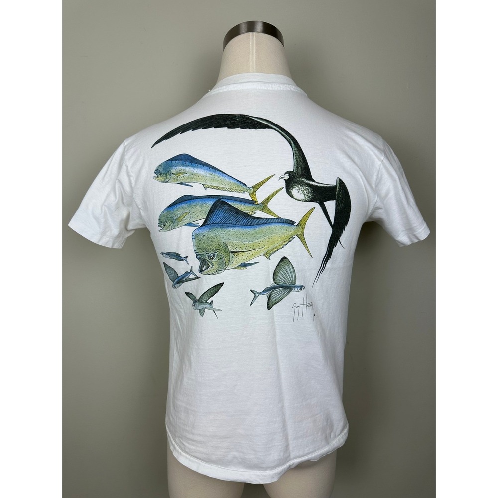 Vintage 90s Guy Harvey T-Shirt Mahi Mahi Graphic White Dolphinfish Pocket‎ Tee